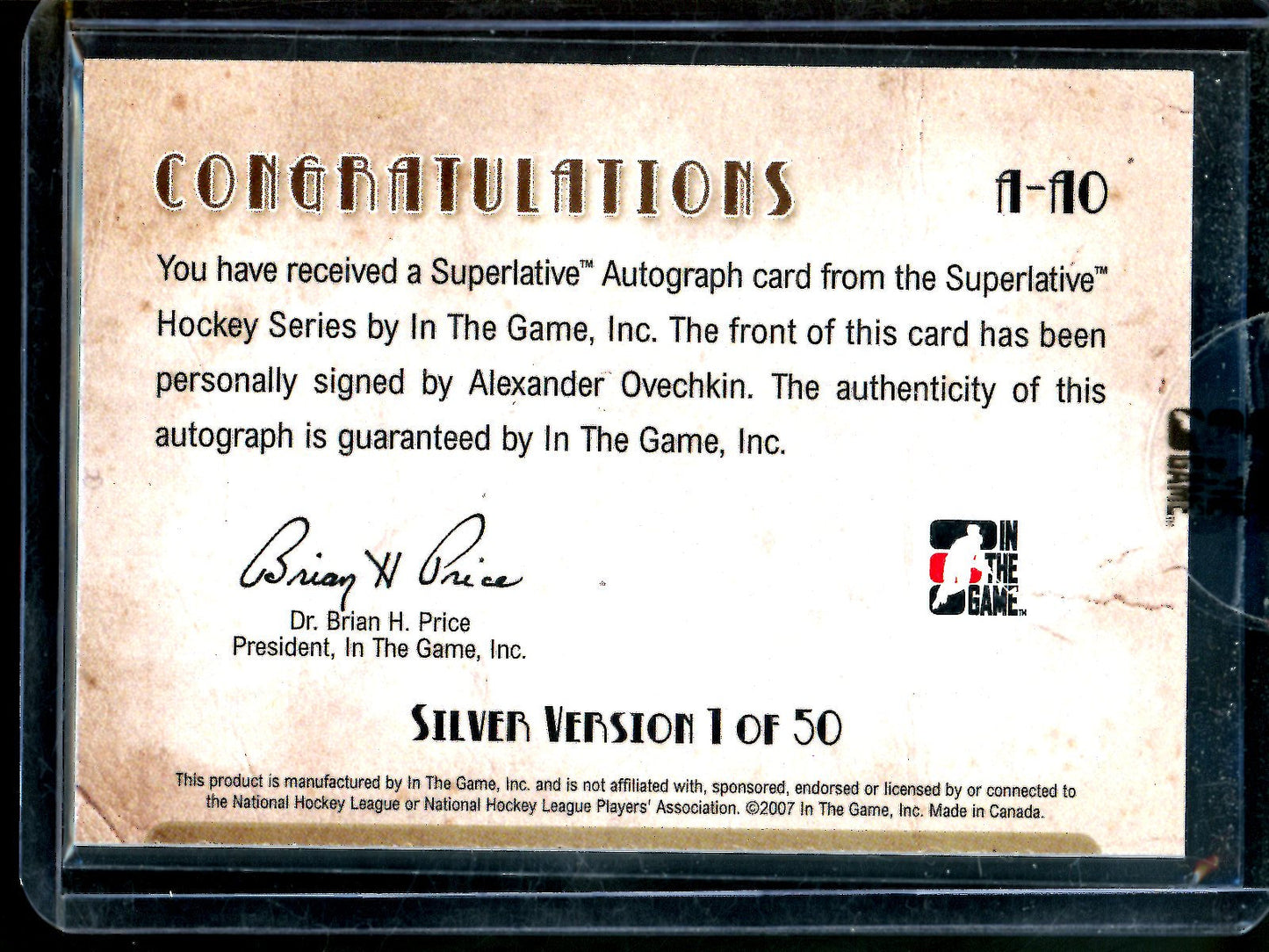 2007 In The Game Superlative Alexander Ovechkin Autograph Sealed 1 of 50 Capitals