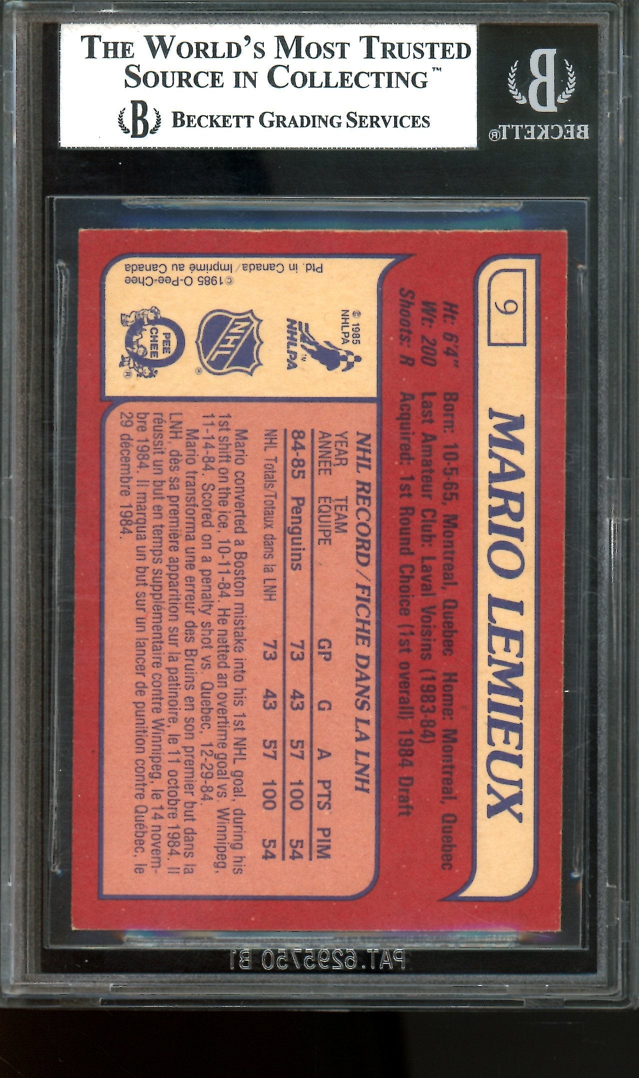 1985 O-Pee-Chee Mario Lemieux Rookie #9 BGS 8 NM-MT Penguins