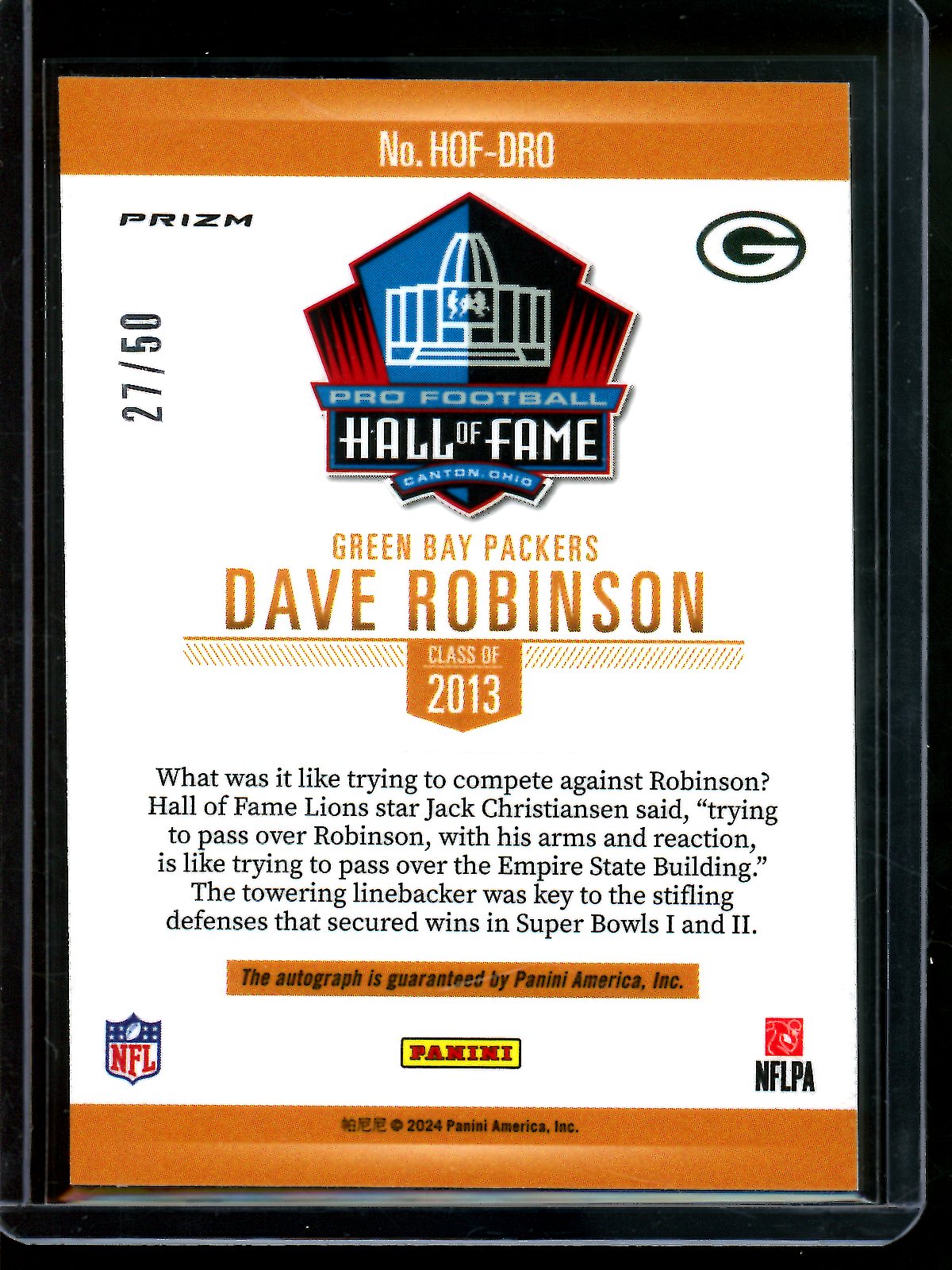 2024 Panini Prizm Dave Robinson Hall of Fame Autograph /50 Packers