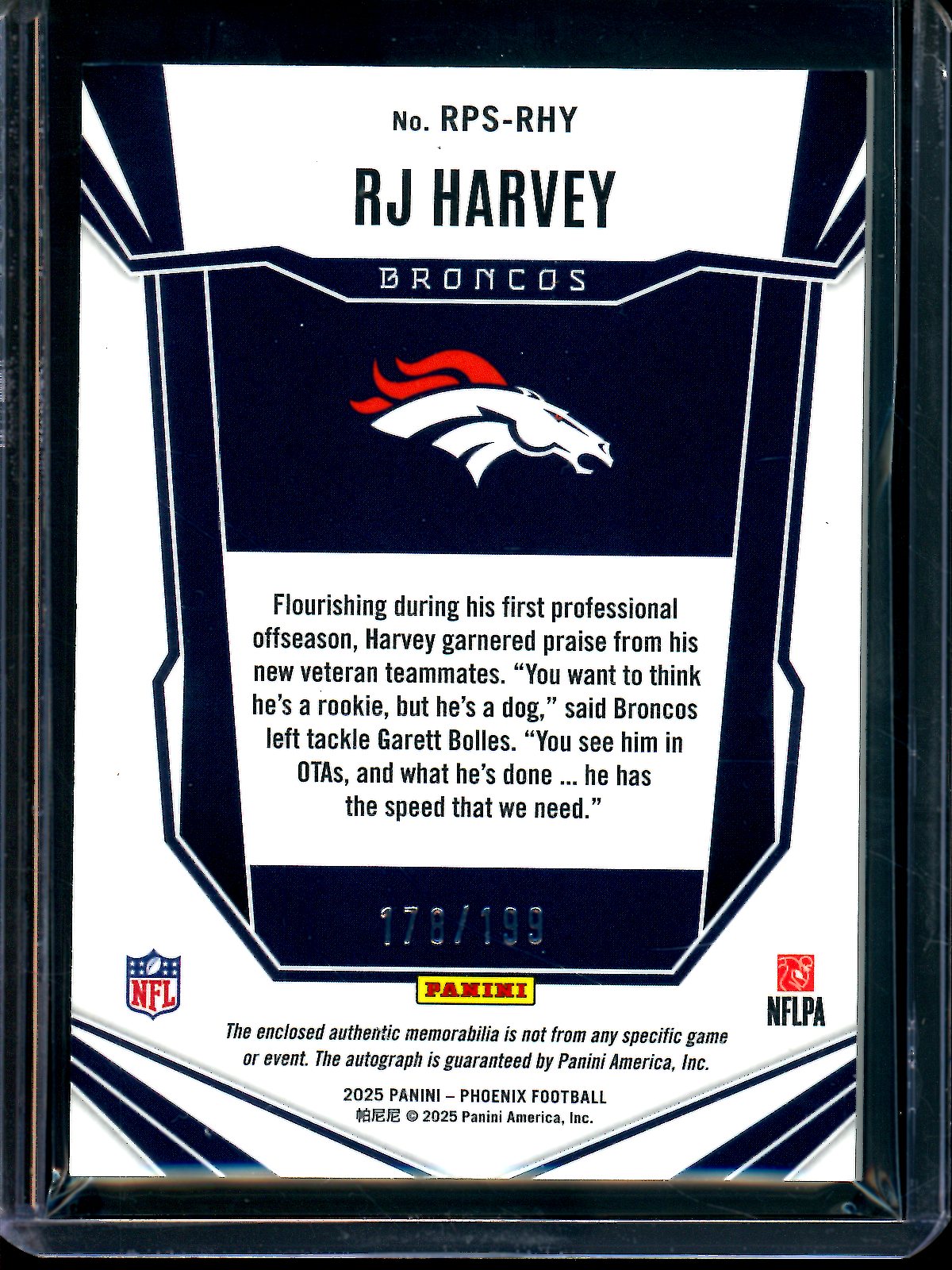 2025 Panini Phoenix RJ Harvey Rookie Patch Autograph /199 Broncos