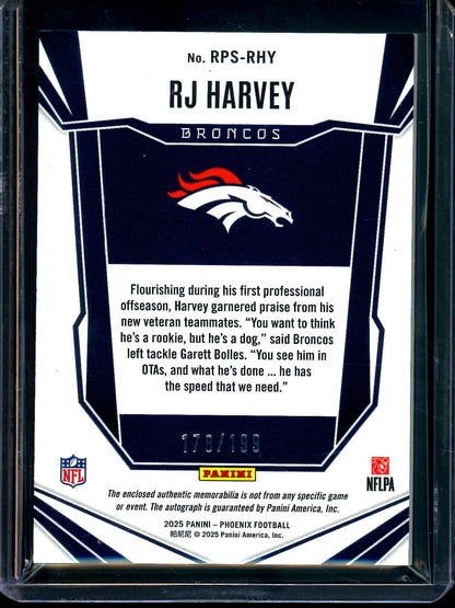 2025 Panini Phoenix RJ Harvey Rookie Patch Autograph /199 Broncos