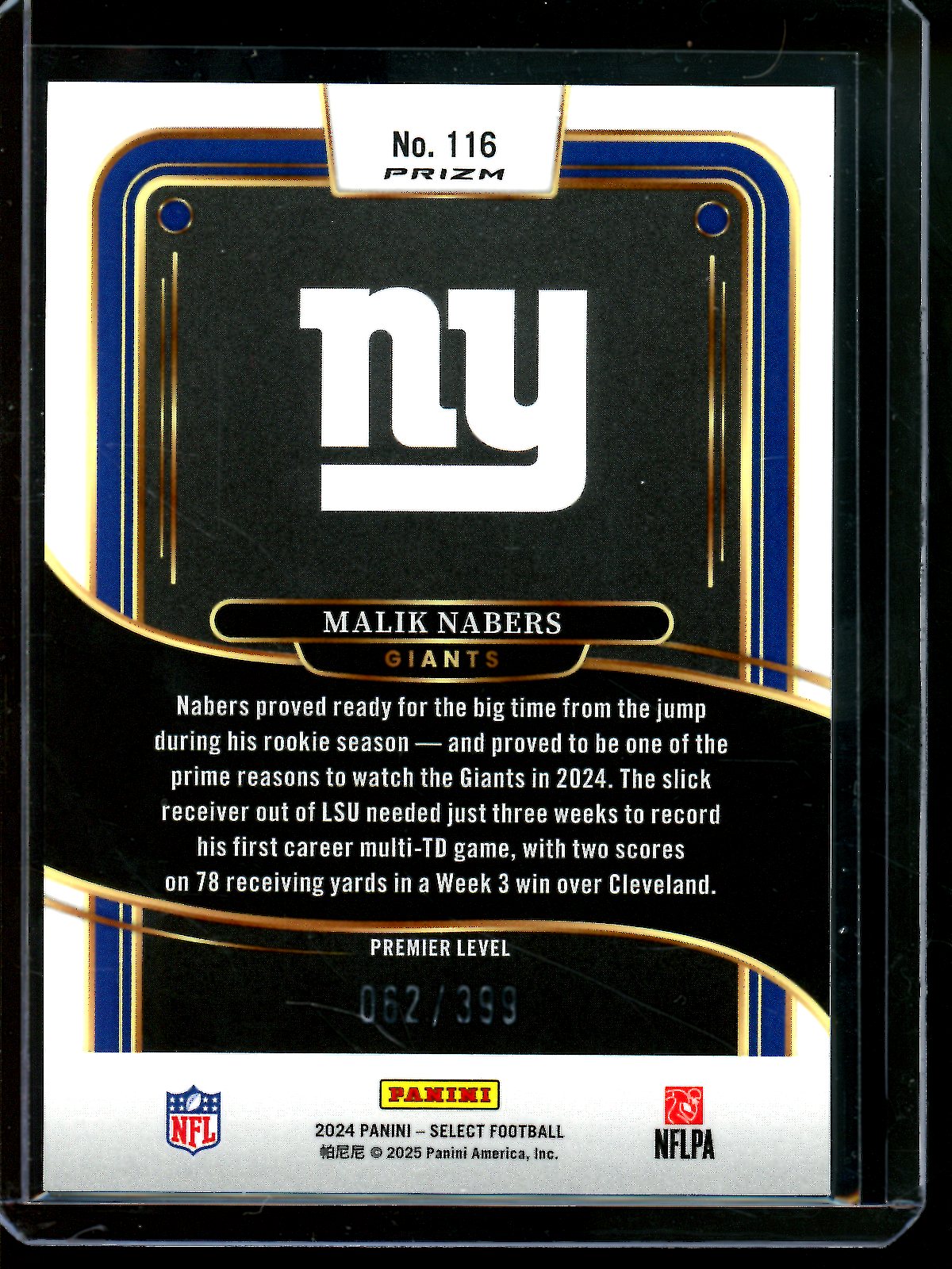 2024 Panini Select Malik Nabers Purple Shock Rookie /399 Giants