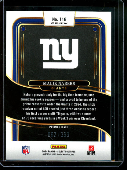 2024 Panini Select Malik Nabers Purple Shock Rookie /399 Giants