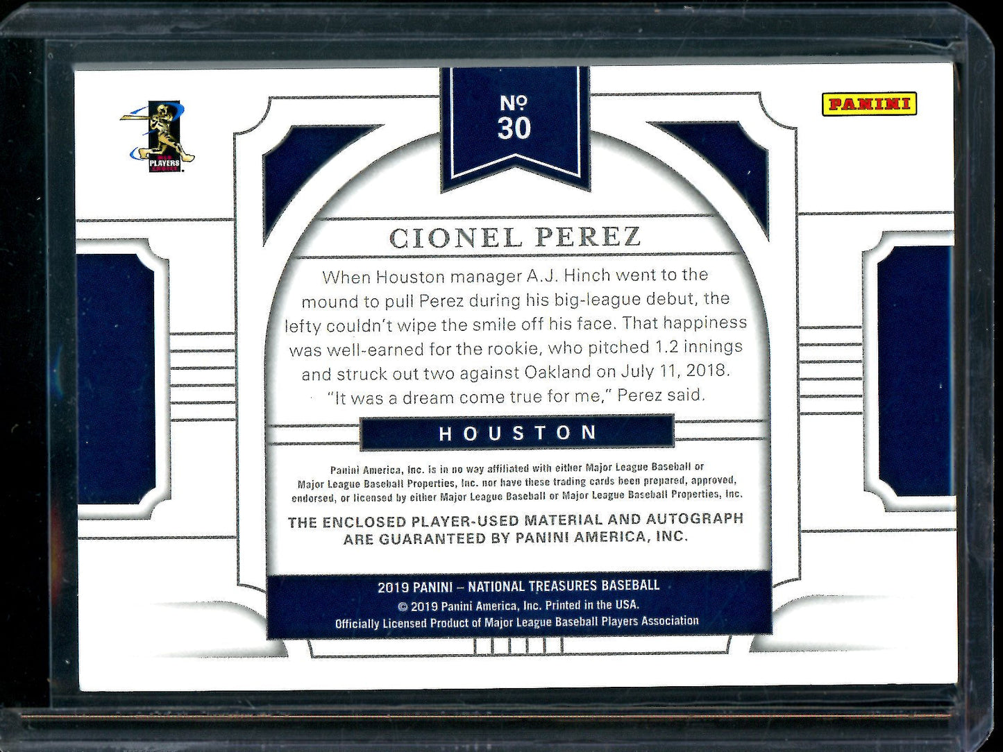2019 Panini National Treasures Cionel Perez Rookie Patch Autograph /49 Astros