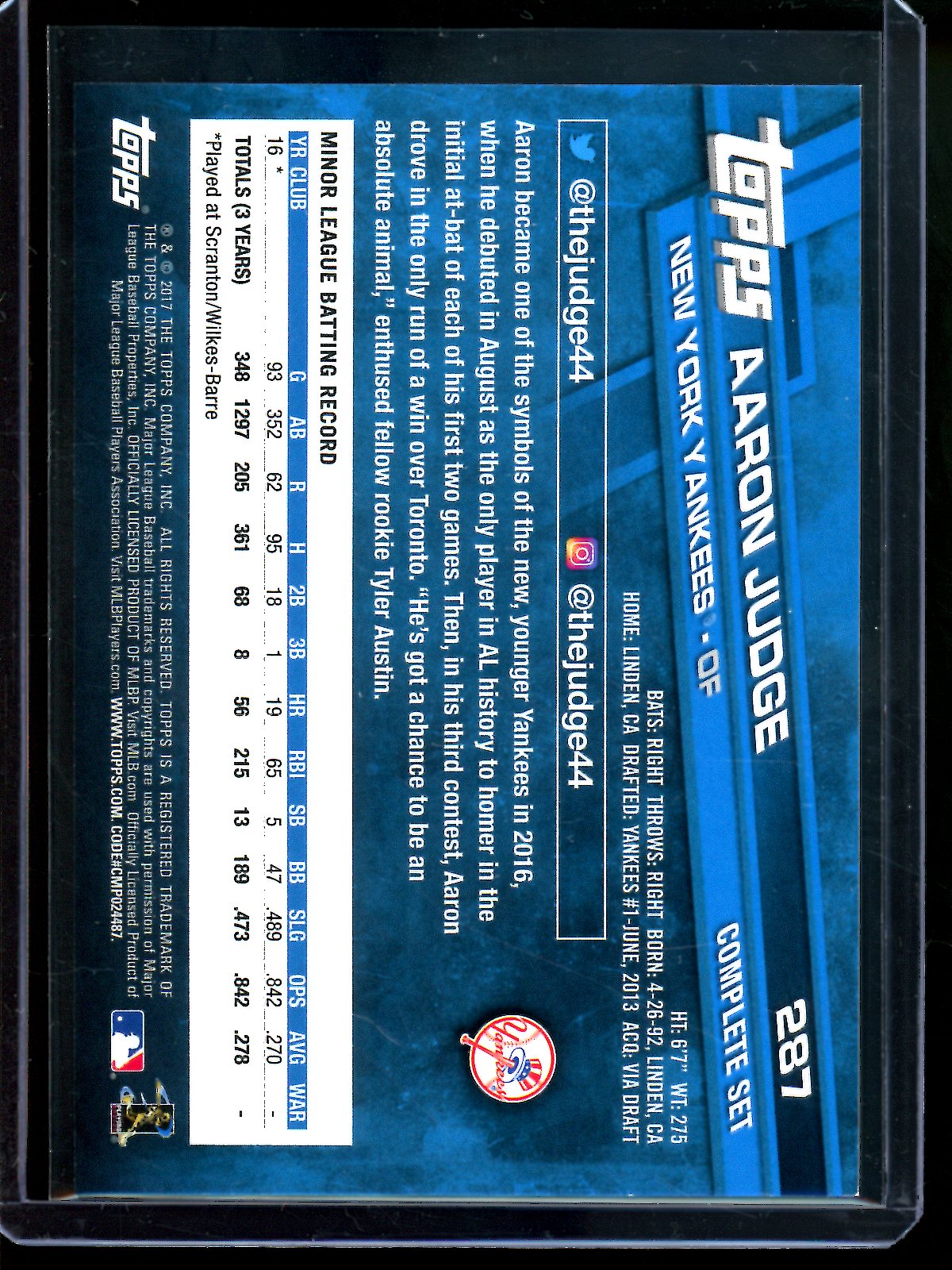 2017 Topps Complete Set Aaron Judge Rookie Card #287 Yankees
