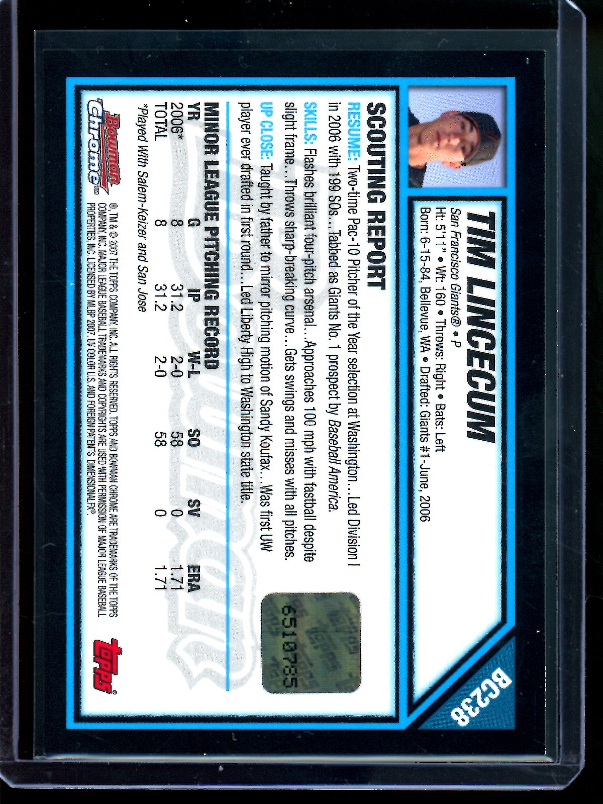 2007 Bowman Chrome Tim Lincecum 1st Autograph Giants