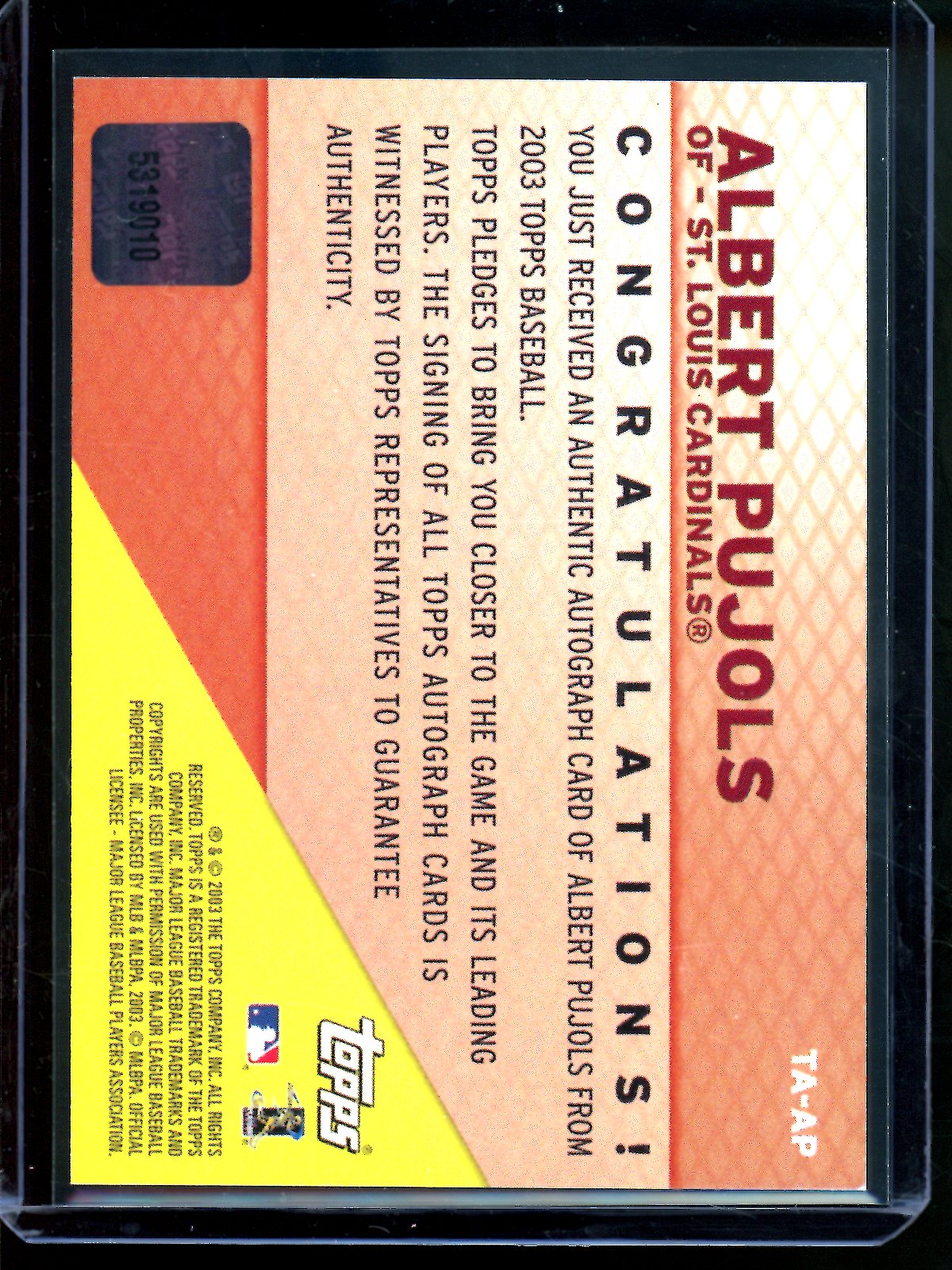 2003 Topps Flagship Albert Pujols Autograph #TA-AP Cardinals