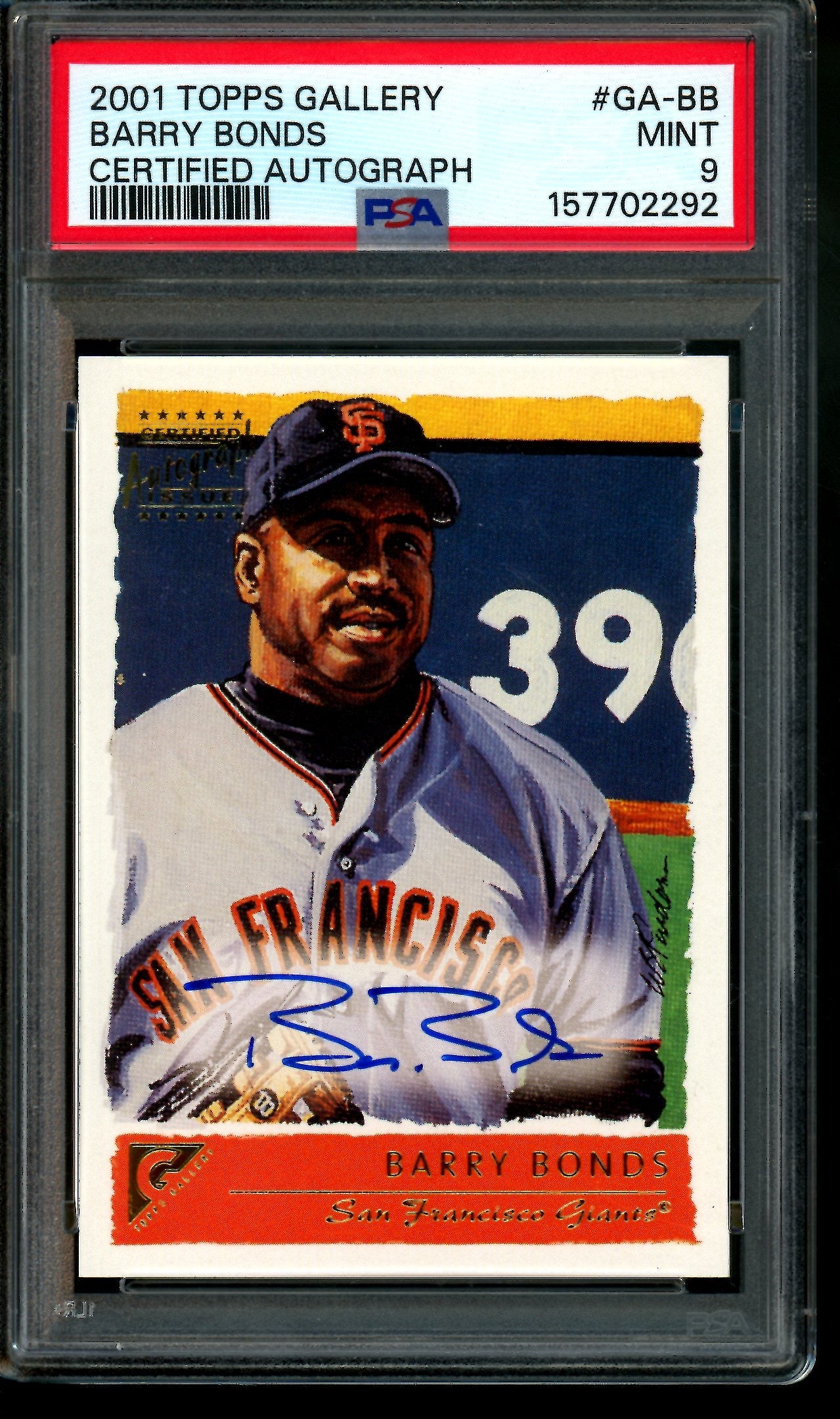 2001 Topps Gallery Barry Bonds Certified Autograph PSA 9 Giants