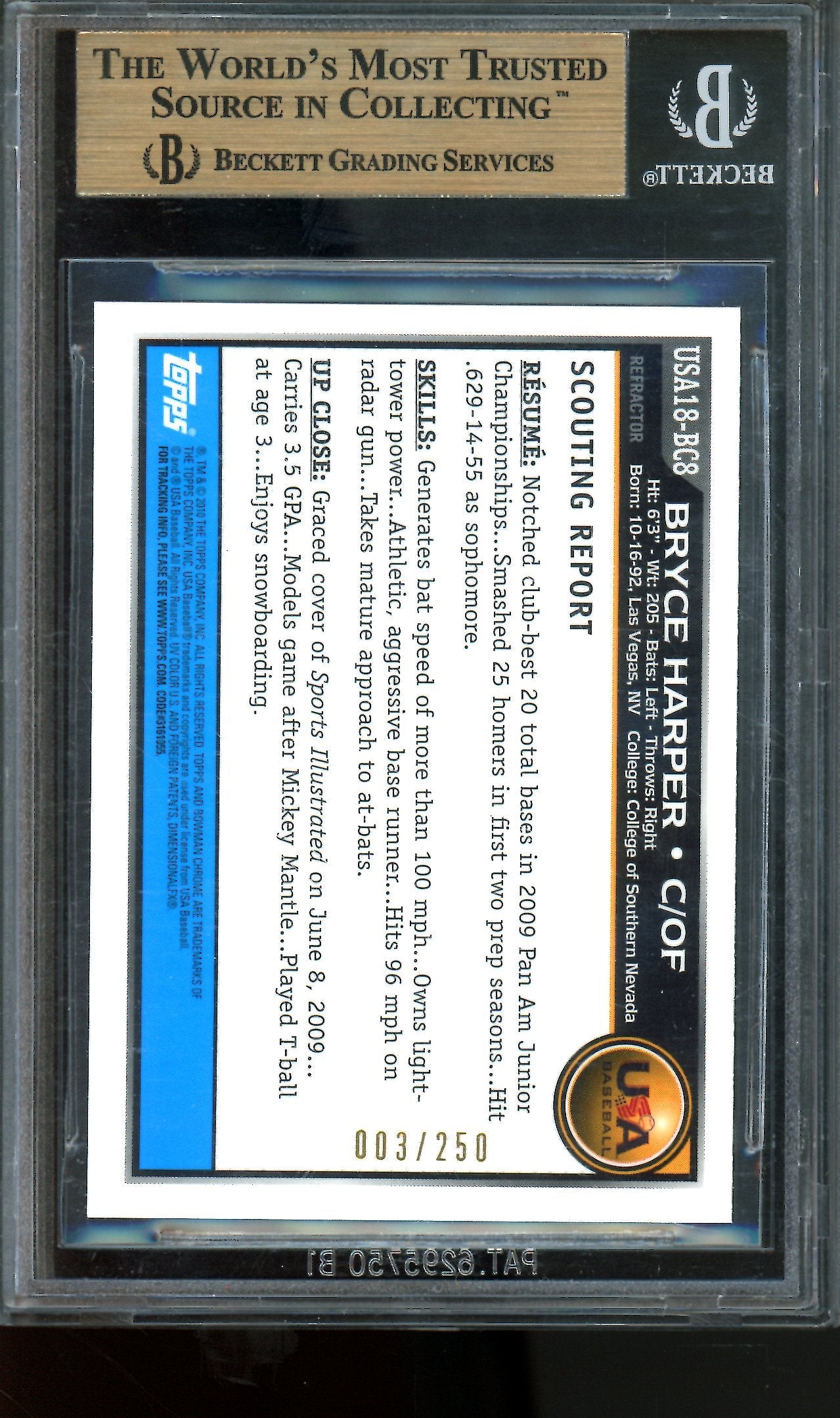 2010 1st Bowman Bryce Harper Blue Refractor #003/250 BGS 9.5 Phillies