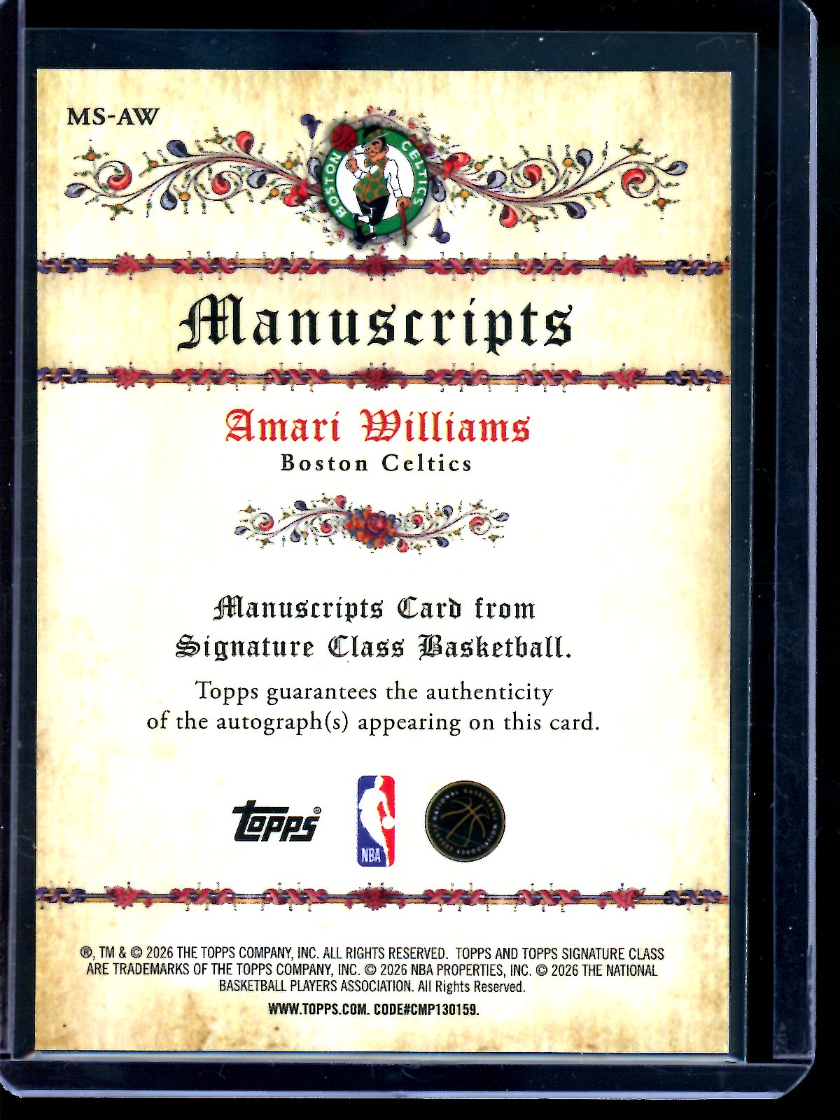 2026 Topps Signature Class Amari Williams Manuscripts Rookie Refractor Autograph Celtics