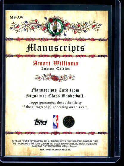 2026 Topps Signature Class Amari Williams Manuscripts Rookie Refractor Autograph Celtics