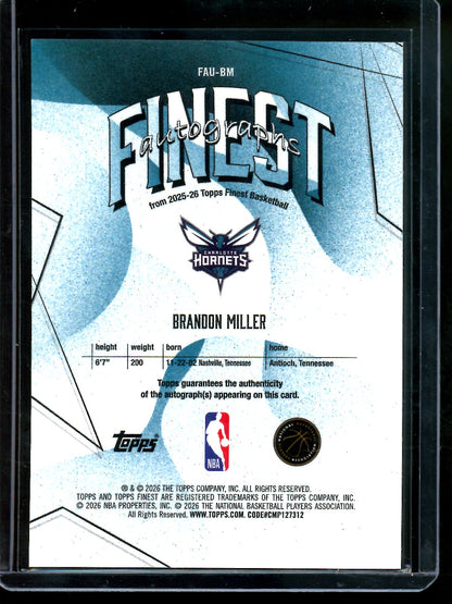 2026 Topps Finest Brandon Miller Black Geometric Autograph /25 Hornets