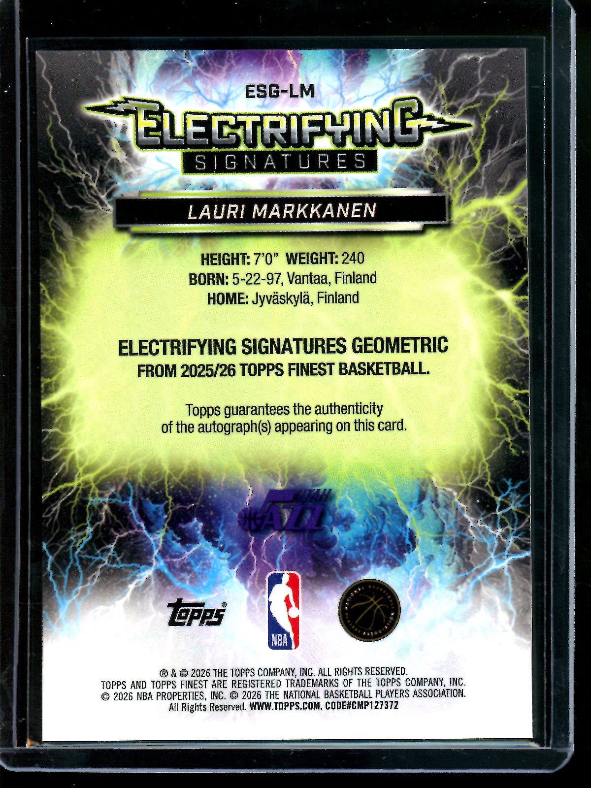 2026 Topps Finest Lauri Markkanen Electrifying Signatures Jazz