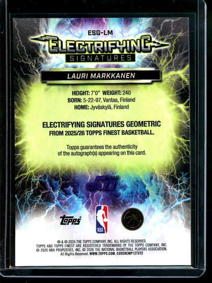 2026 Topps Finest Lauri Markkanen Electrifying Signatures Jazz