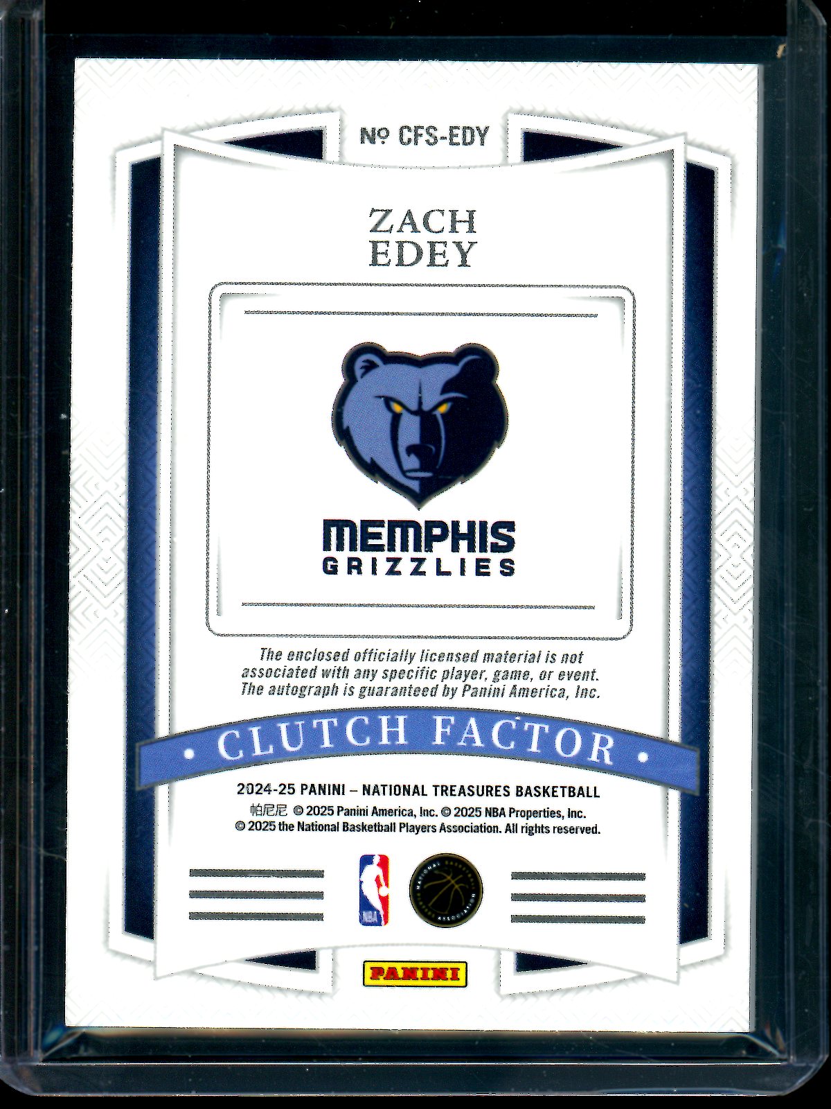 2025 Panini National Treasures Zach Edey Clutch Factor Rookie Patch Autograph /25 Grizzlies