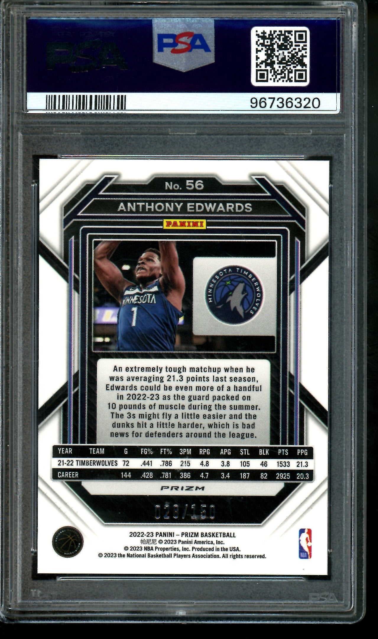2022 Panini Prizm Factory Set Anthony Edwards /150 PSA 10 Timberwolves