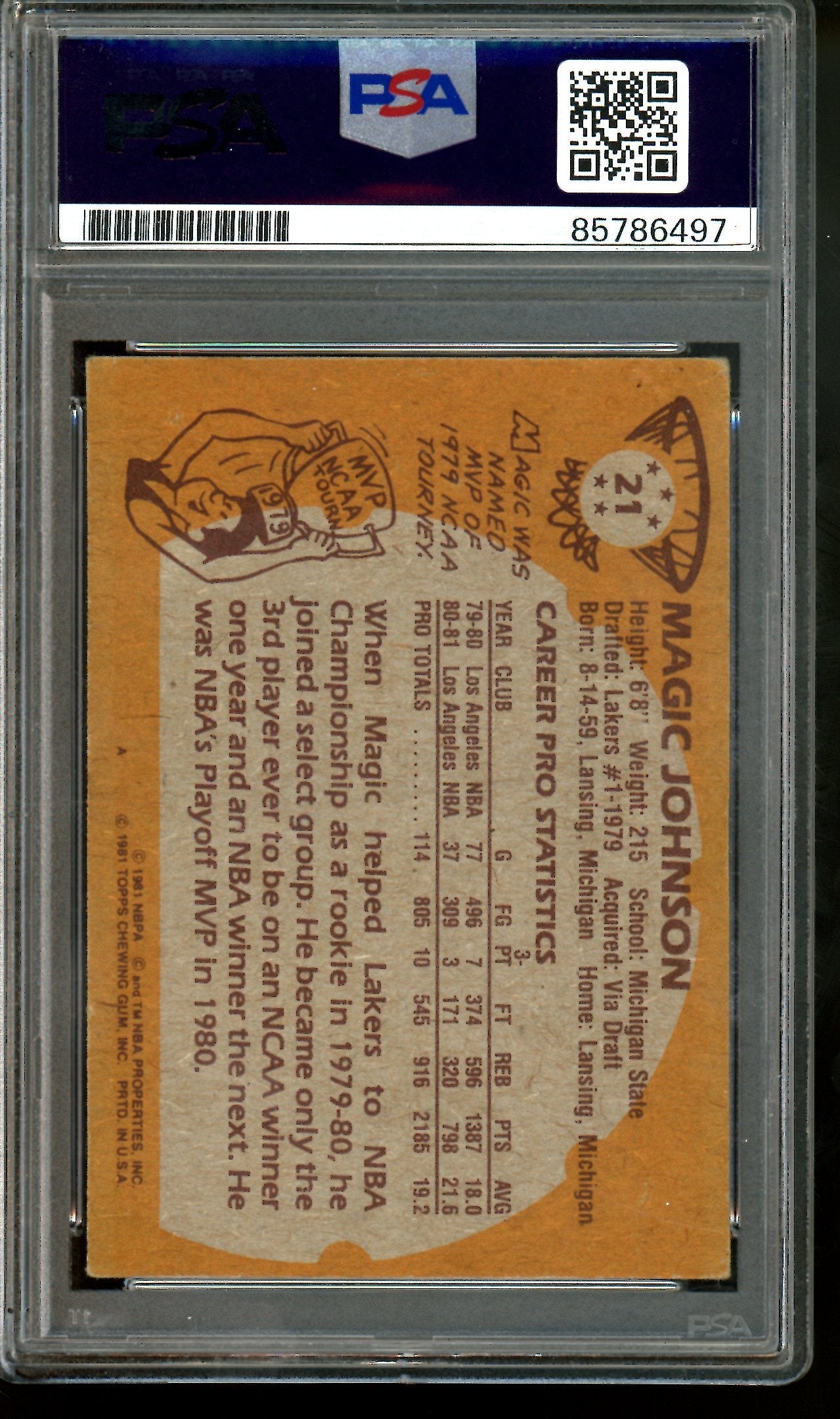 1981 Topps Magic Johnson Autograph PSA Authentic Lakers