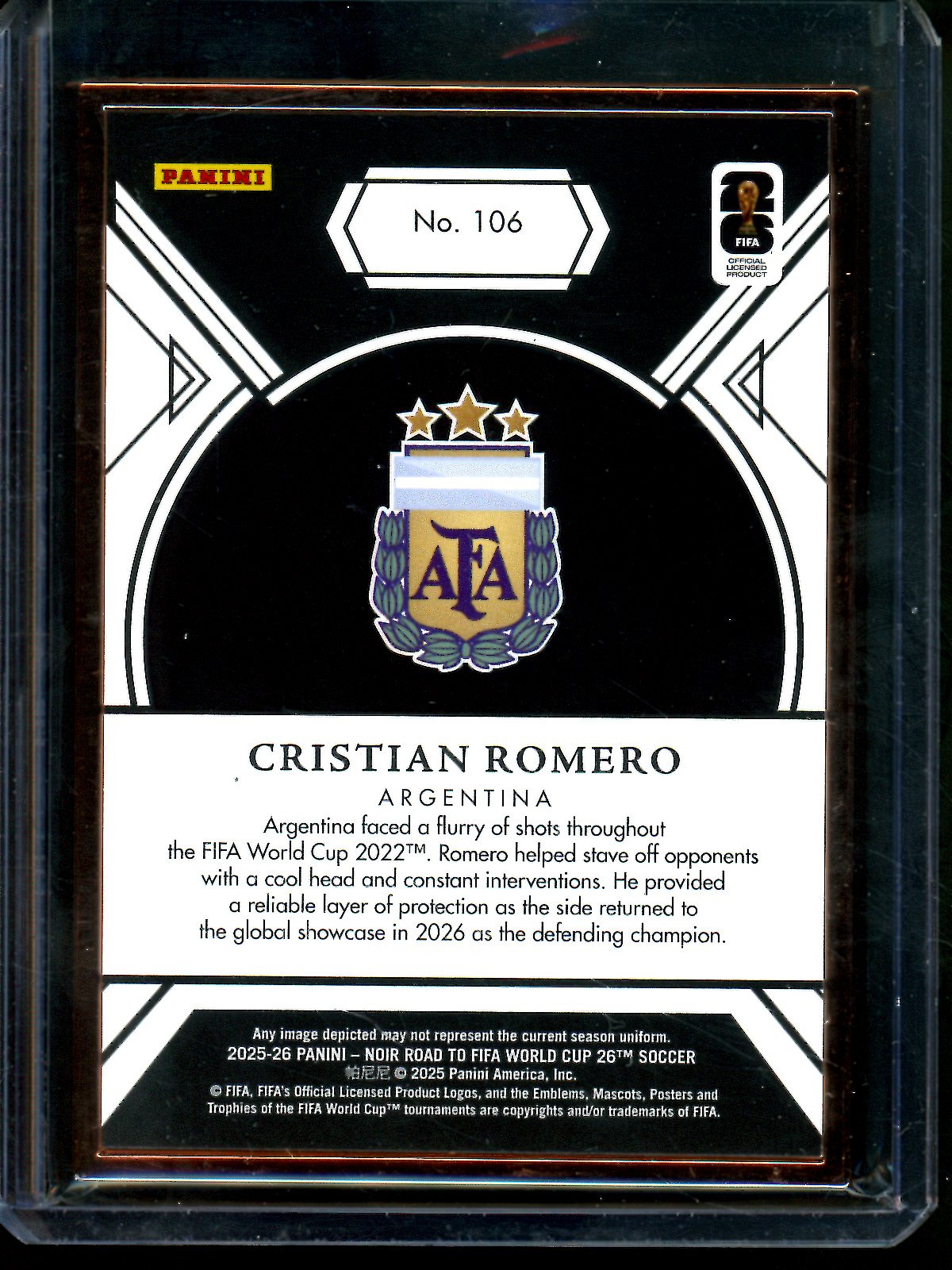 2025 Panini Noir Cristian Romero Road to Fifa World Cup /25 Argentina