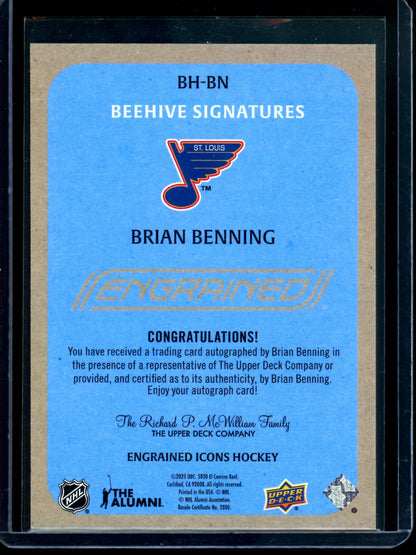 2025 Upper Deck Engrained Icons Brian Benning Beehive Signatures #BH-BN Blues