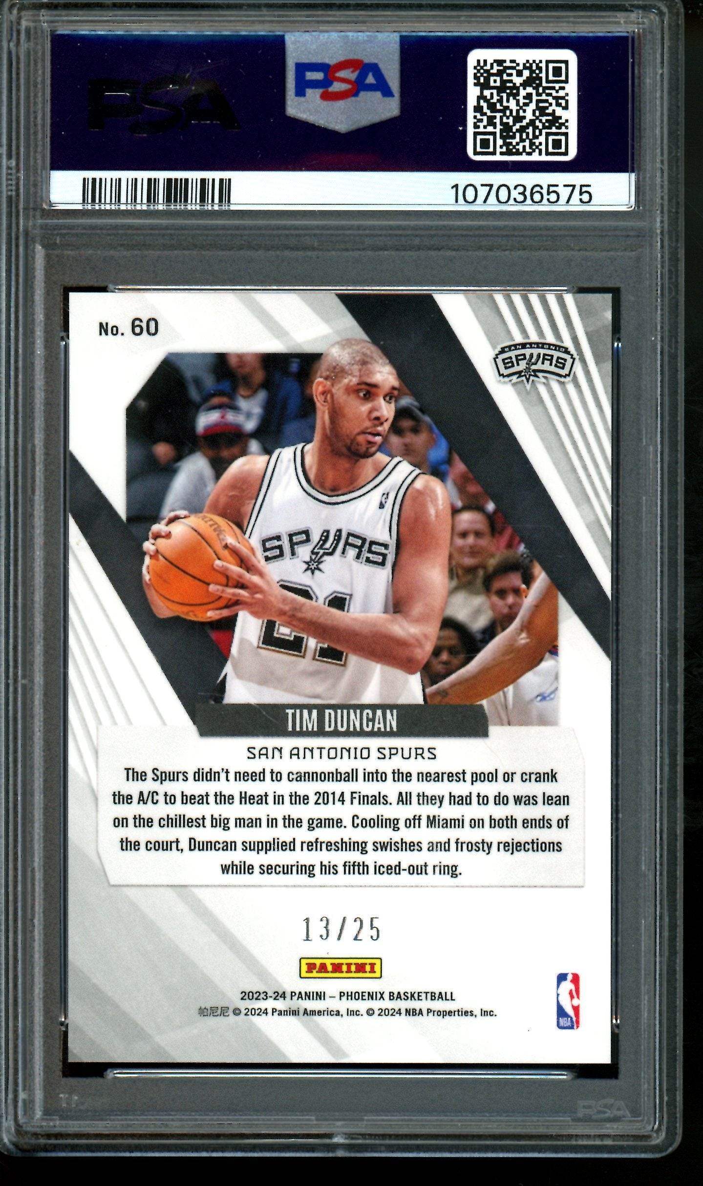 2023 Panini Phoenix Tim Duncan Fire and Ice /25 PSA 10 Spurs