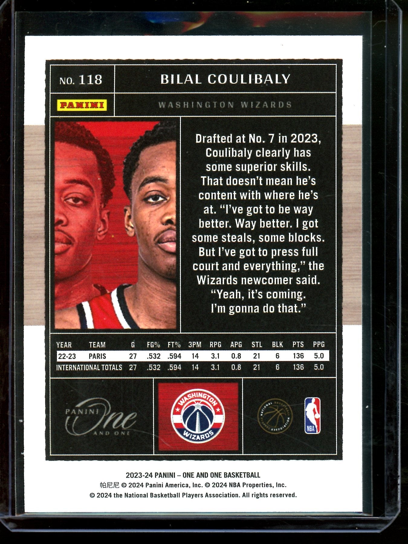 2024 Panini One and One Bilal Coulibaly Rookie /25 Wizards
