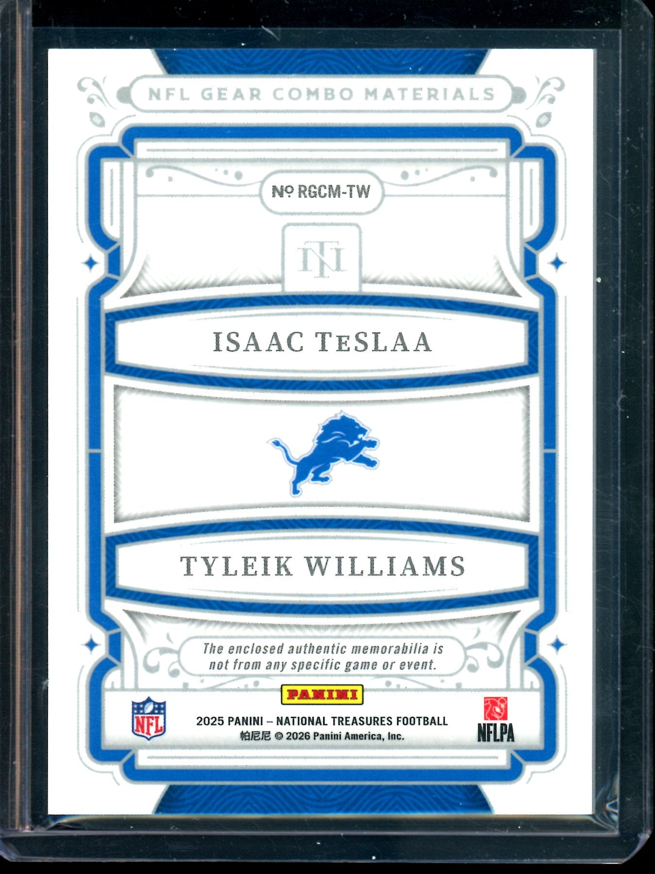 2025 Panini National Treasures Isaac TeSlaa / Tyleik Williams NFL Gear Combo Materials /49 Lions