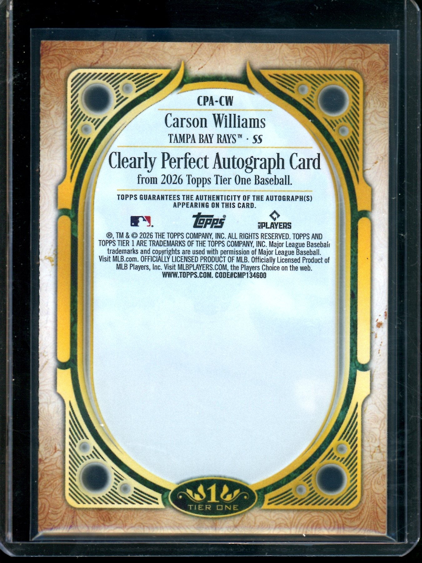 2026 Topps Tier One Carson Williams Clearly Perfect Autograph Rookie Card /75 Rays