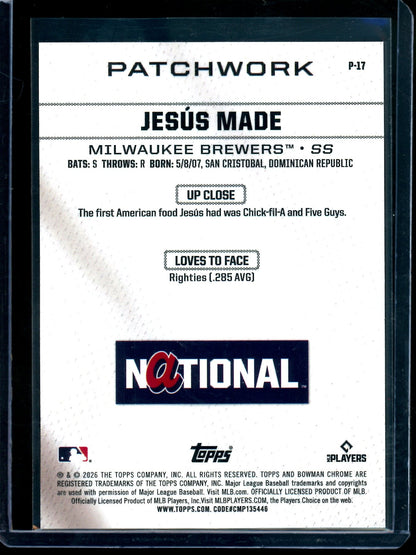 2026 Bowman Chrome Jesus Made Patchwork SP Brewers
