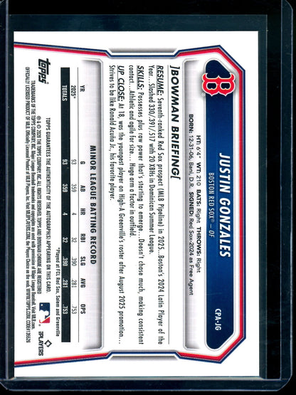 2026 Bowman Chrome Justin Gonzales 1st Autograph Red Sox