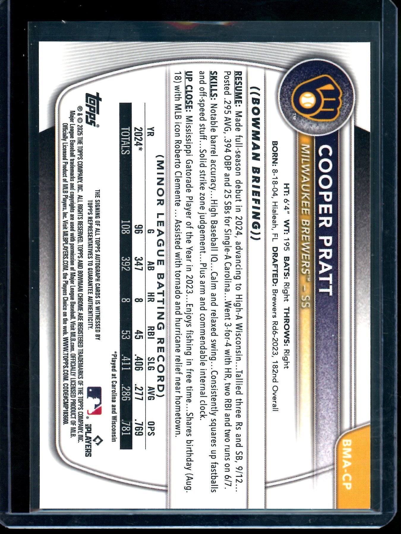 2025 Bowman Chrome Cooper Pratt Blue Mojo Autograph /150 Brewers