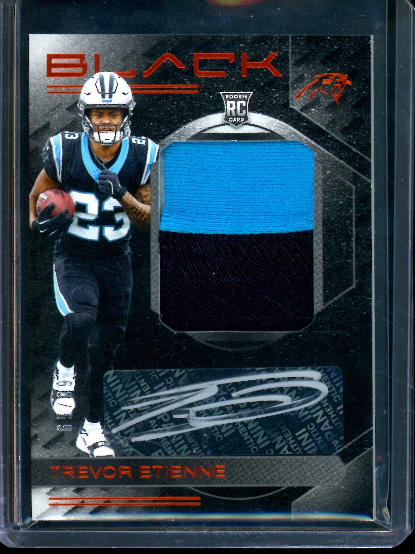 2025 Panini Black Trevor Etienne Silver Ink Rookie Patch Autograph /99 Panthers