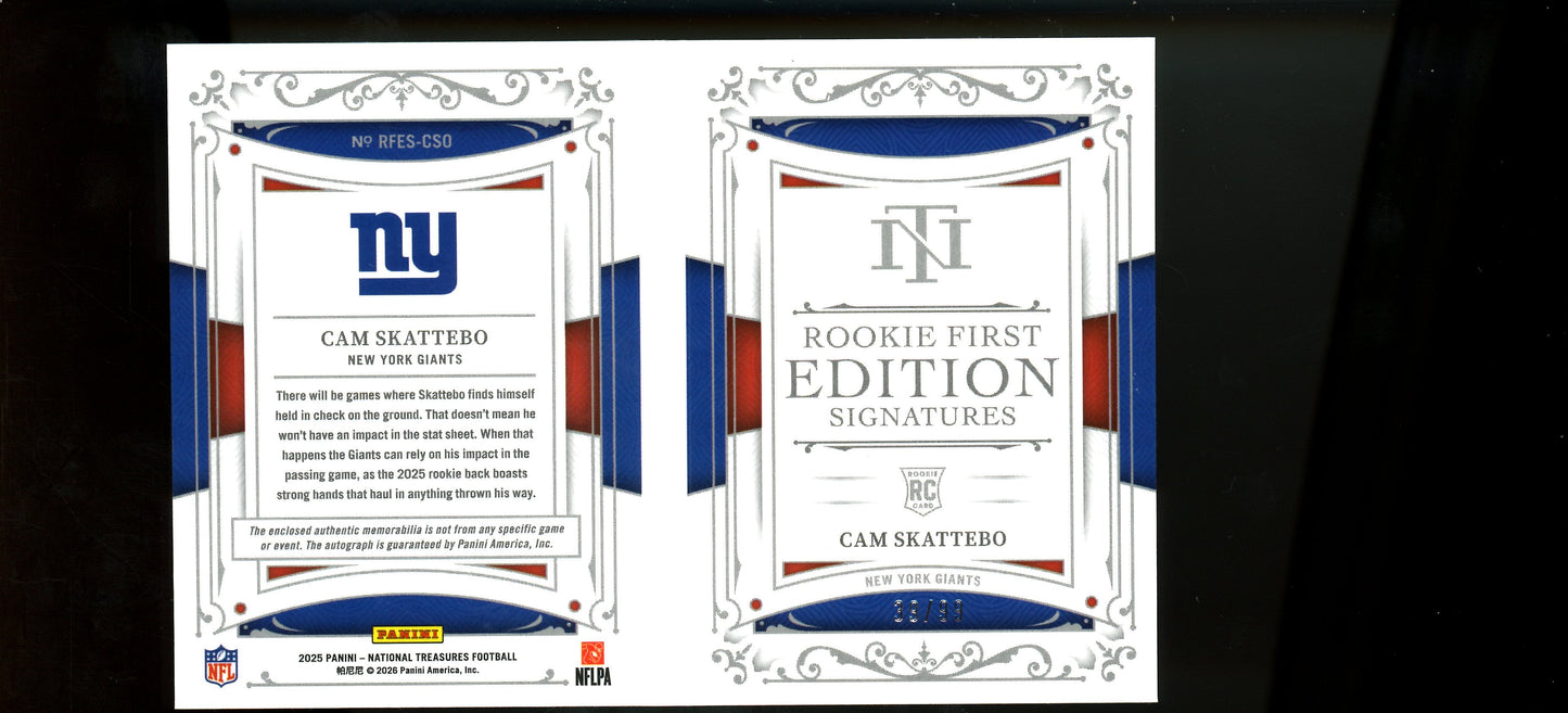 2025 Panini National Treasures Cam Skattebo Rookie First  Rookie Patch Autograph Booklet /99 Giants