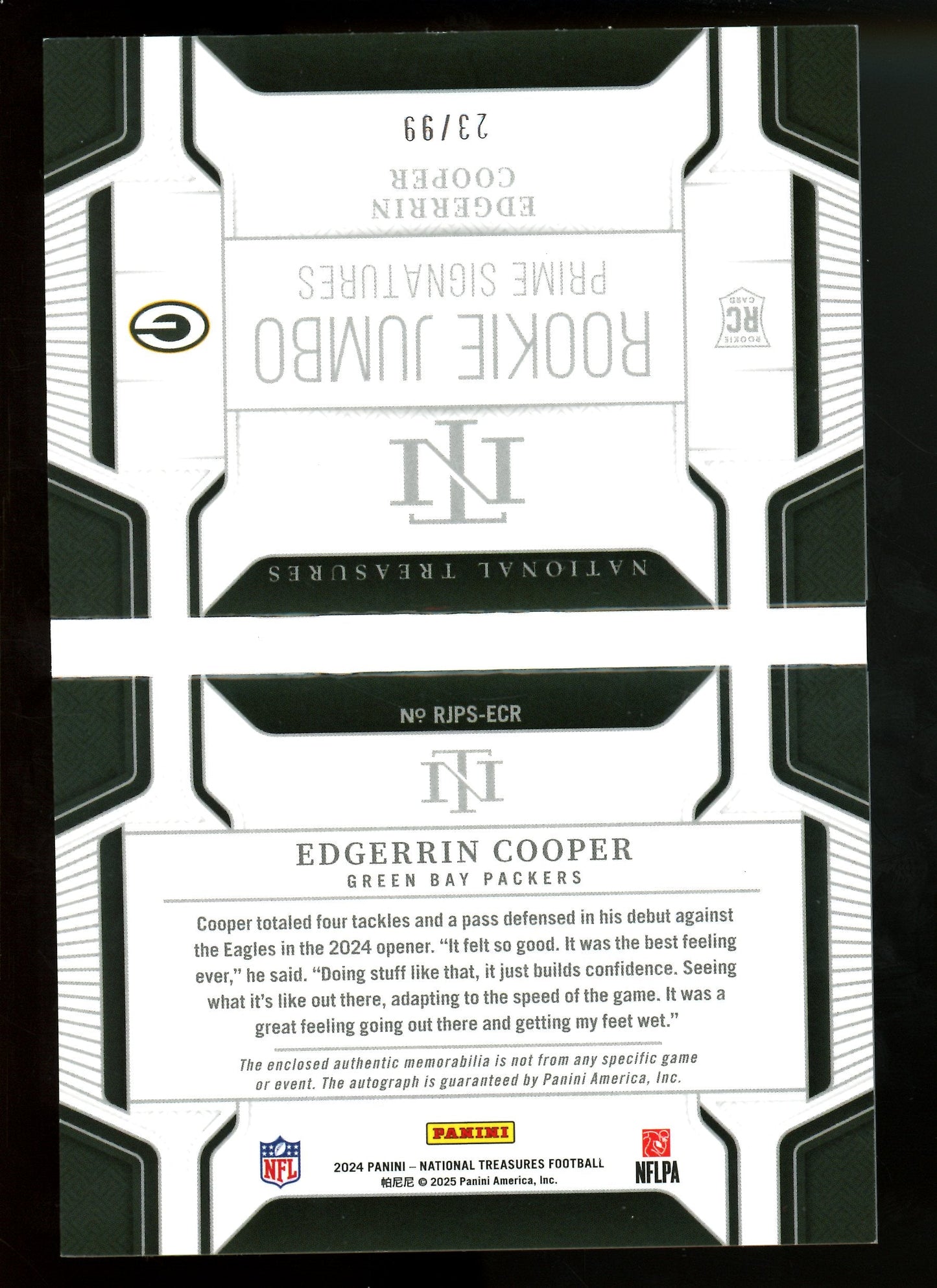2024 Panini National Treasures Edgerrin Cooper Prime Signatures Rookie Jumbo Booklet /99 Packers