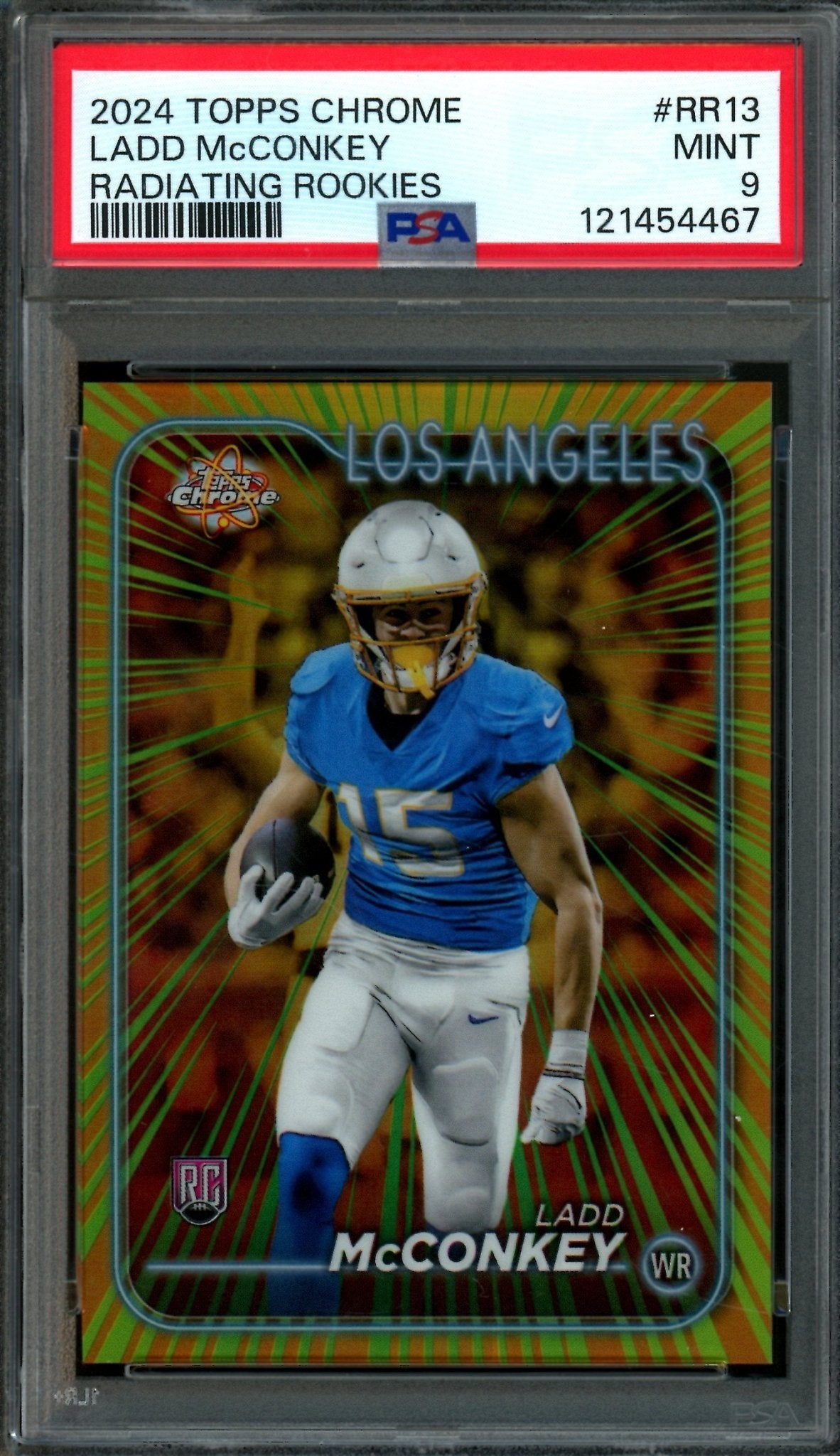 2024 Topps Chrome Ladd McConkey Radiating Rookies SP PSA 9 Chargers
