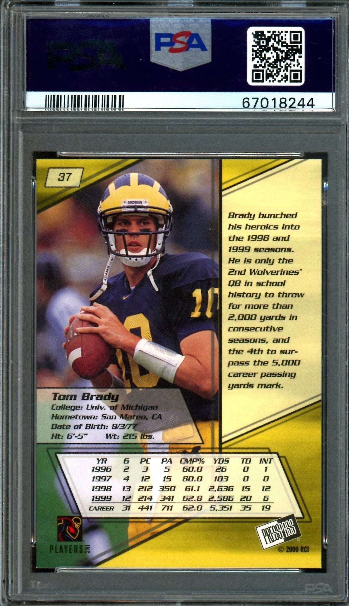 2000 Press Pass Tom Brady  Rookie Card #37 PSA 8