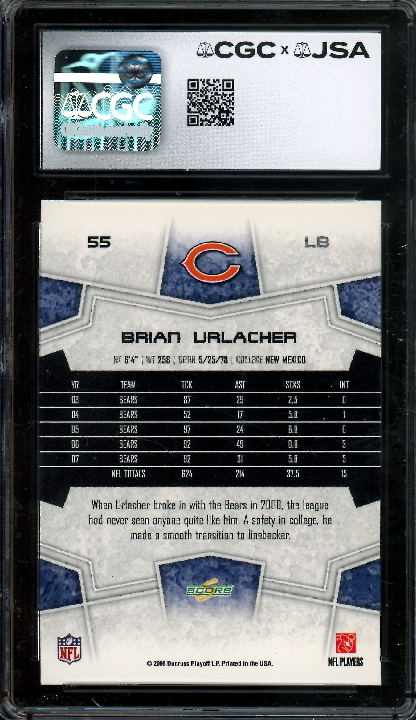 2008 Panini Score Brian Urlacher Authentic Autograph CGC Authentic