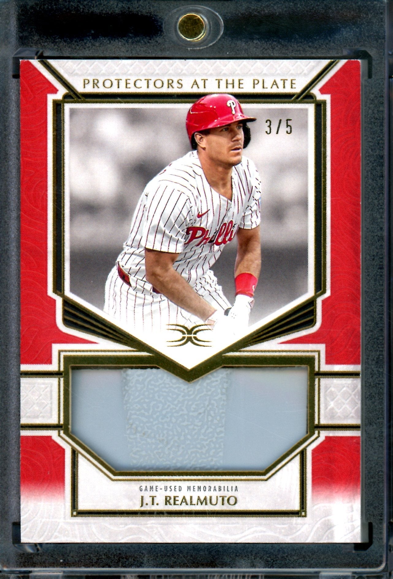 2025 Topps Definitive J.T. Realmuto Protectors at the Plate Helmet Relic Red /5 Phillies