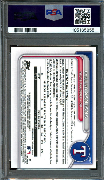 2024 Bowman Sapphire Paulino Santana Green 1st Autograph PSA 9 Rangers