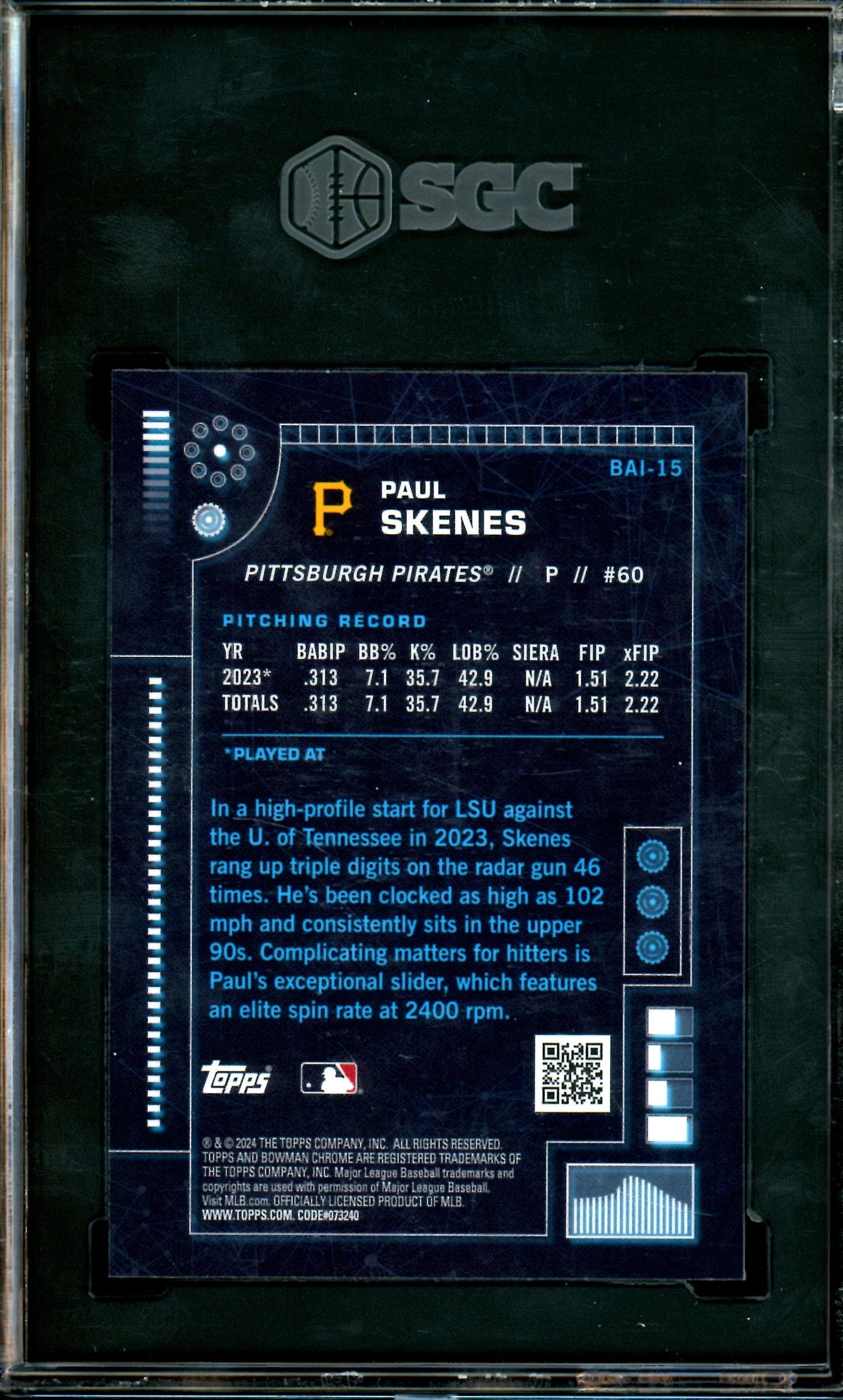 2024 Bowman Paul Skenes A.I. Refractor SGC 10 Pirates