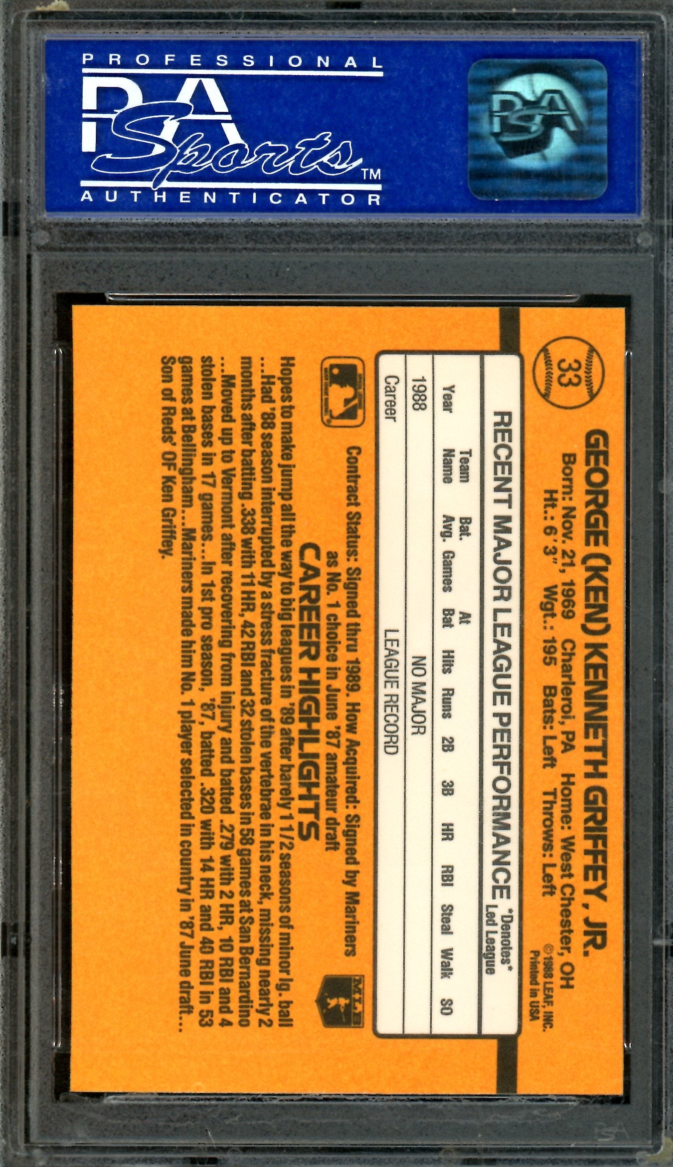 1989 Panini Donruss Ken Griffey Jr Rated Rookie #33 PSA 9 Mariners