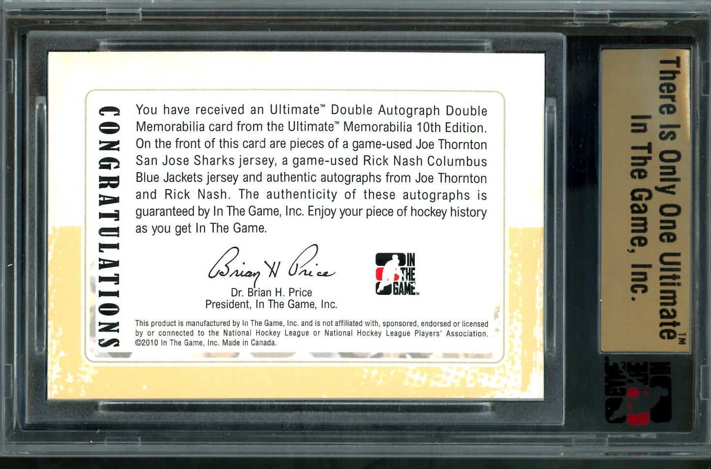 2010 In The Game Ultimate Joe Thornton / Rick Nash Double Autograph Memorabilia /19