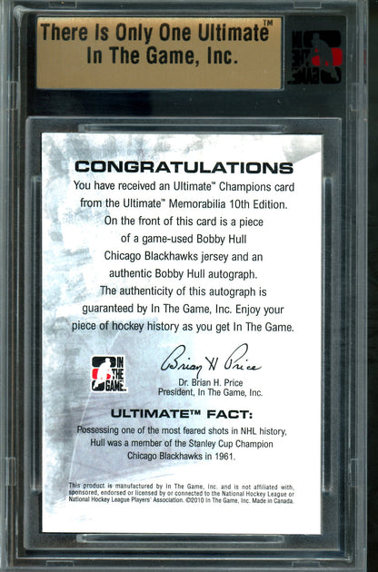 2010 In The Game Ultimate Bobby Hull Champions Silver Autograph Relic /9 Blackhawks
