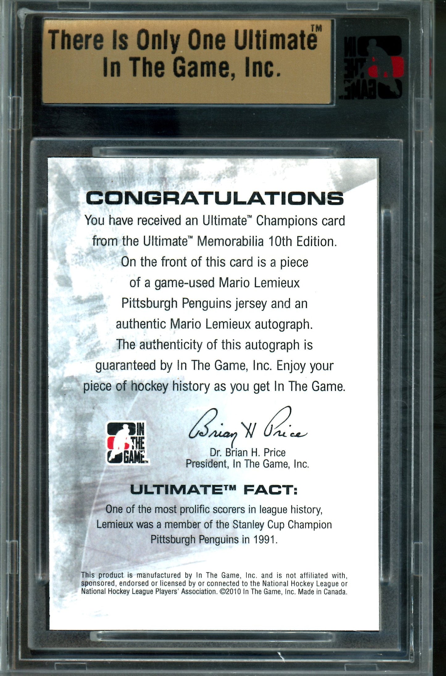 2010 In The Game Ultimate Mario Lemieux Champions Silver Patch Autograph /9 Penguins