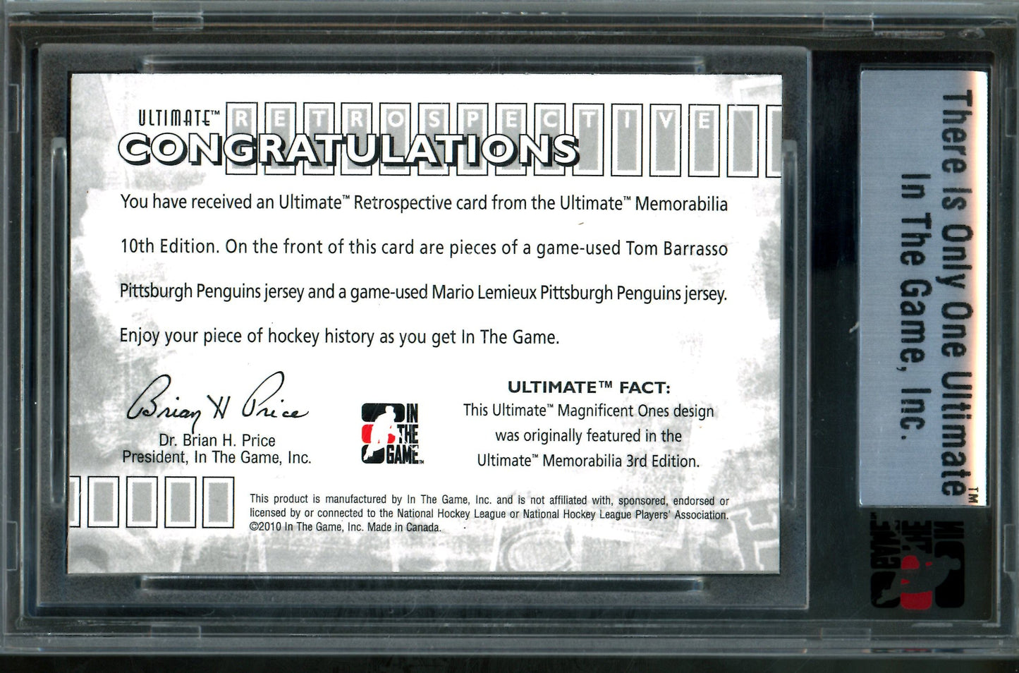 2010 In The Game Ultimate Tom Barrasso / Mario Lemieux Retrospective Silver Memorabilia /9 Penguins