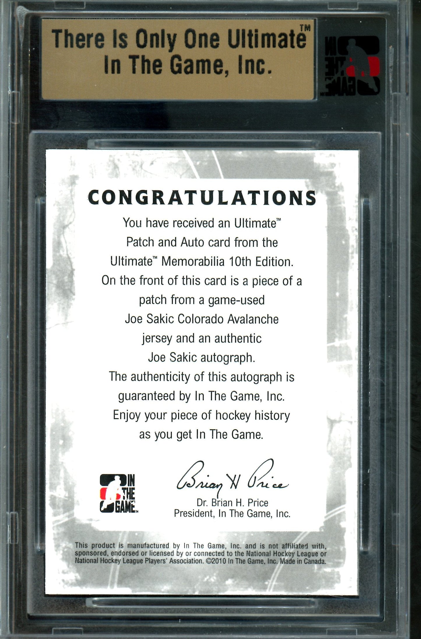 2010 In The Game Ultimate Joe Sakic Patch and Autograph Silver /9 Avalanche