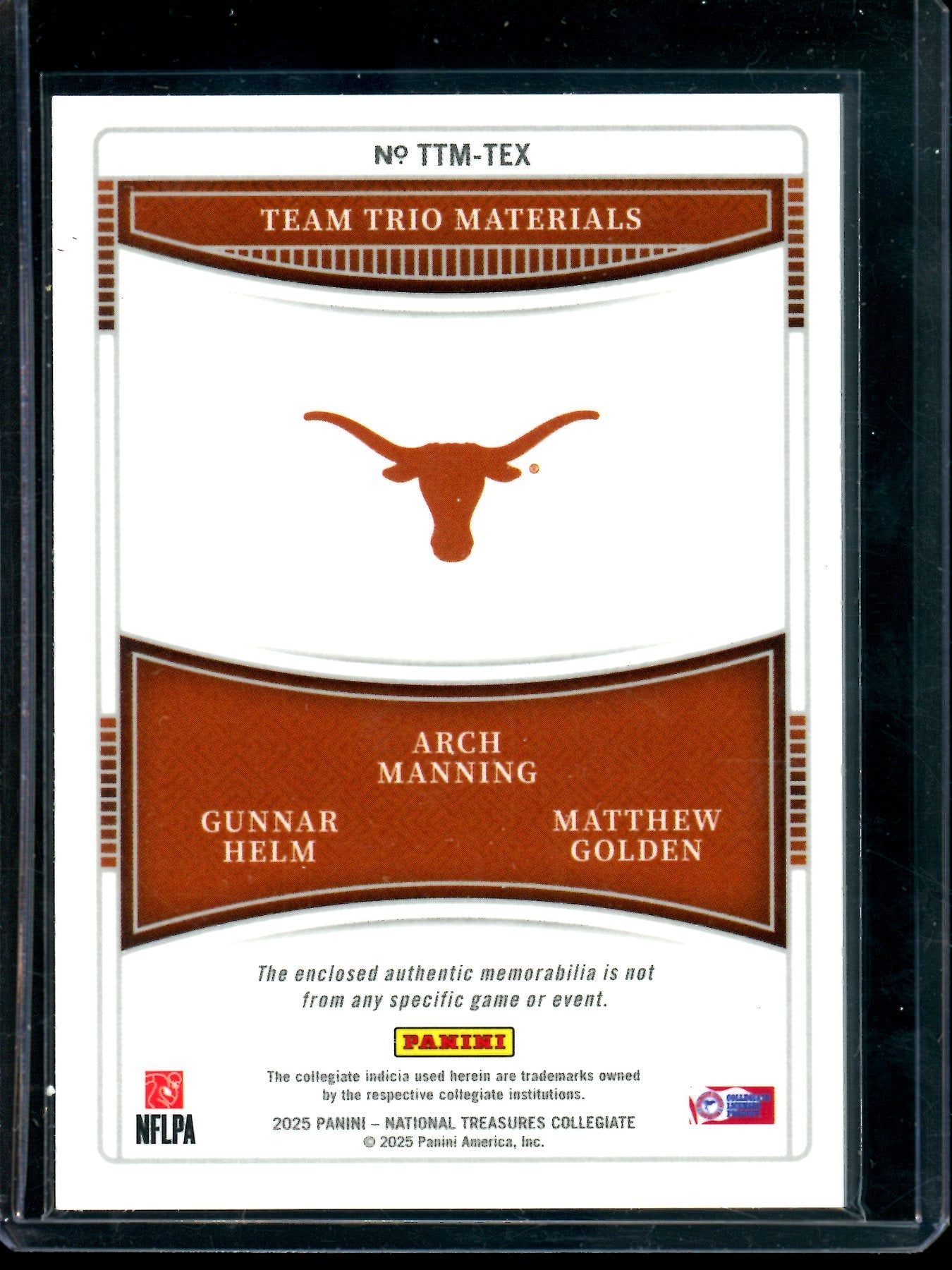 2025 Panini National Treasures Manning / Helm / Golden Team Trio Materials Longhorns