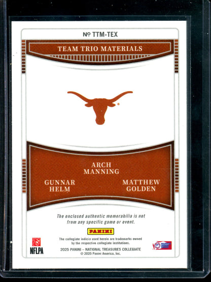 2025 Panini National Treasures Manning / Helm / Golden Team Trio Materials Longhorns