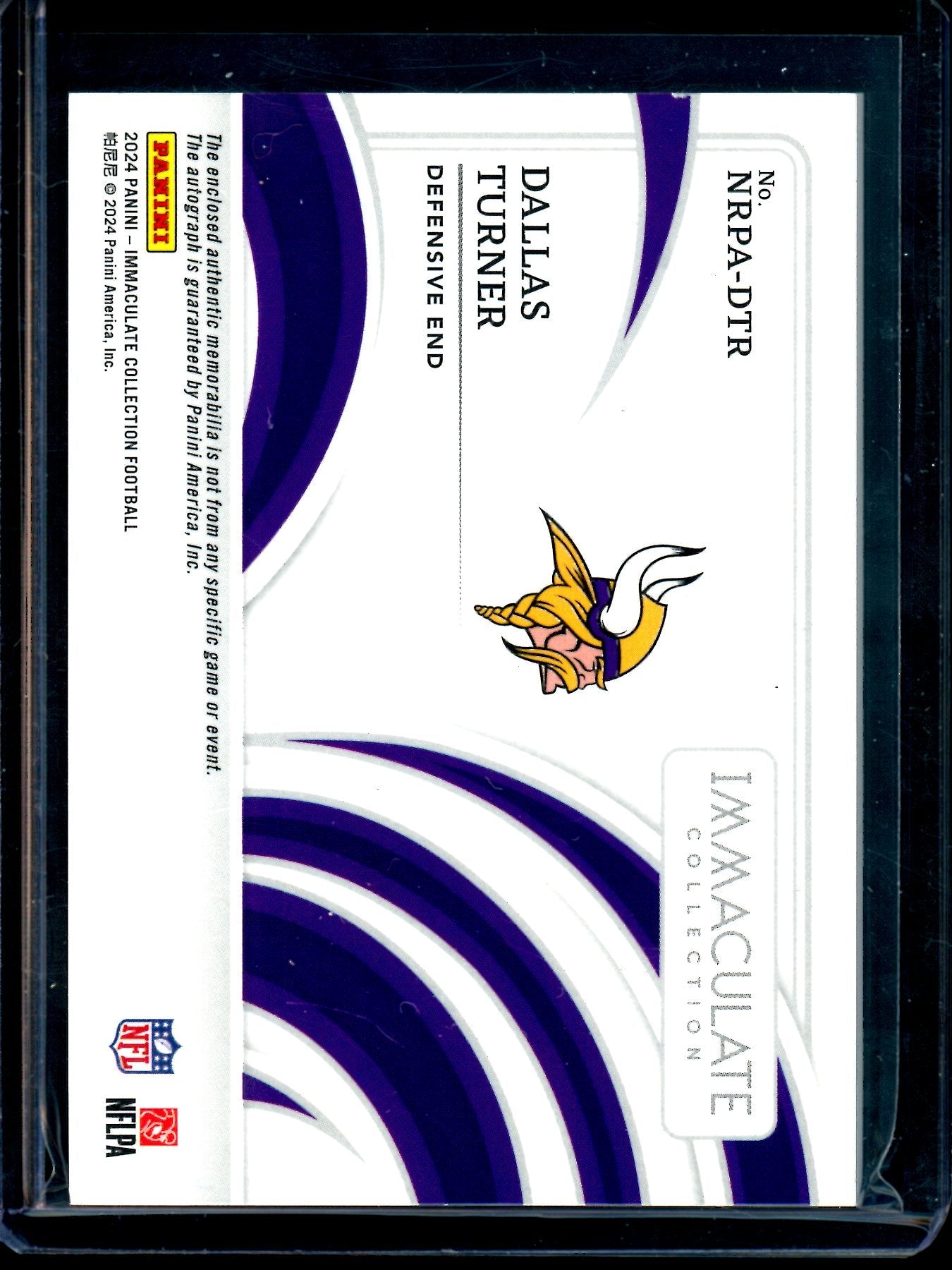 2024 Panini Immaculate Dallas Turner Rookie Patch Autograph /99 Vikings