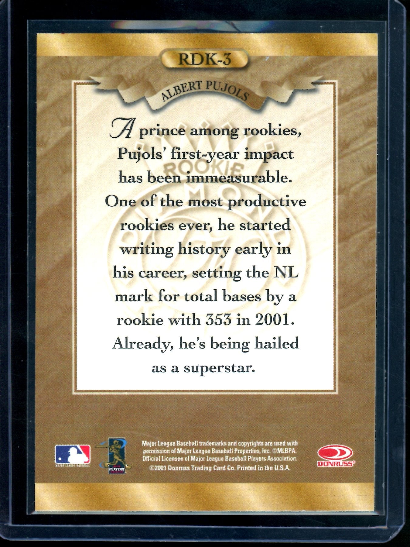 2001 Panini Donruss Albert Pujols Diamond Kings Rookie Cardinals