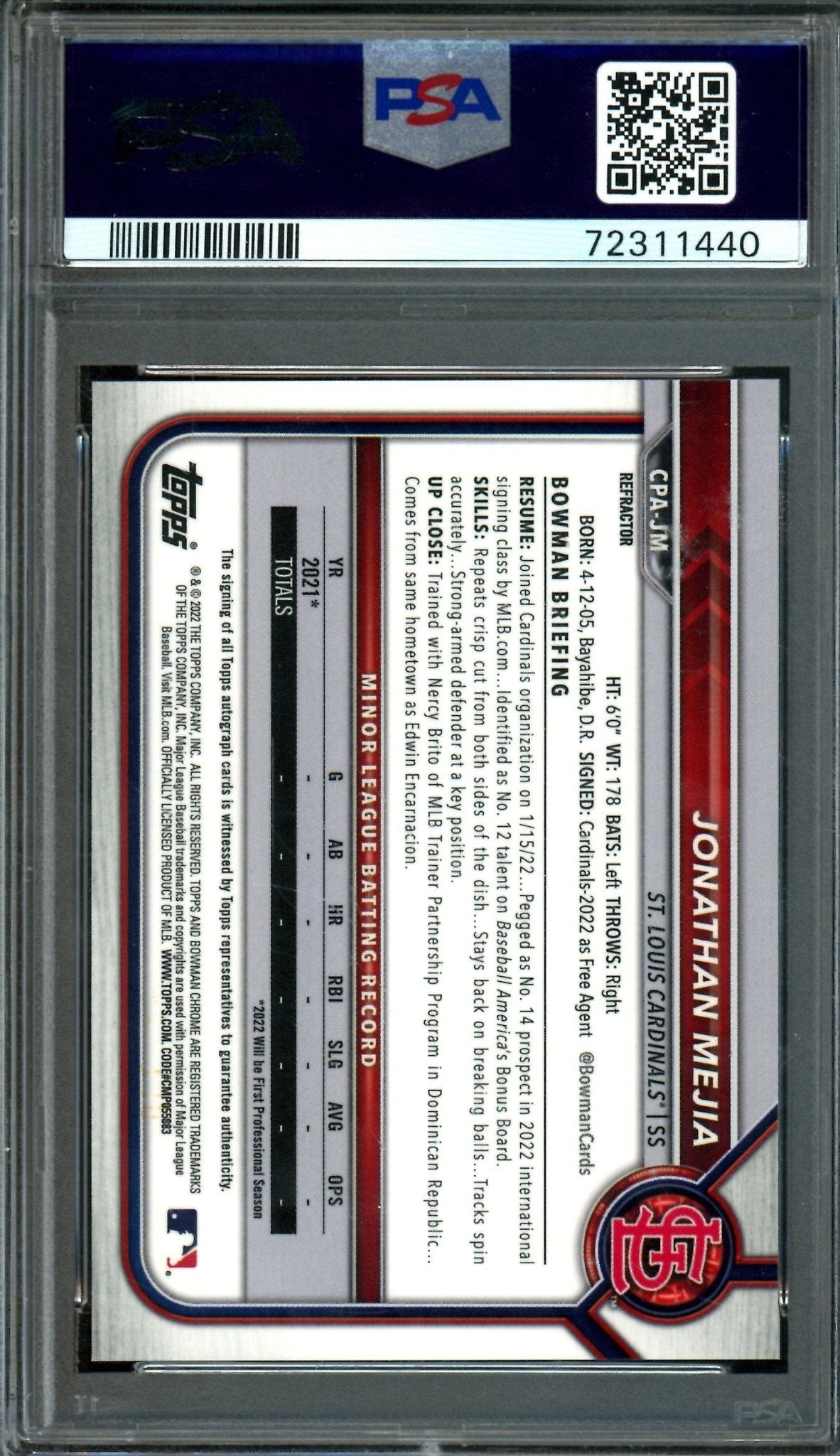 2022 Topps Chrome Jonathan Mejia 1st Refractor Autograph /499 PSA 10 Cardinals